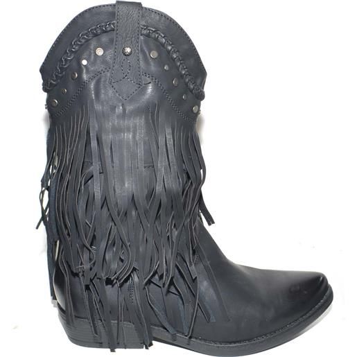 Malu Shoes stivali donna camperos texani nero con frange con borchiette moda altezza polpaccio style mexico cowboy
