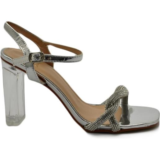 Malu Shoes sandalo donna gioiello argento con strass tacco trasparente largo 10 cm cerimonia cinturino alla caviglia
