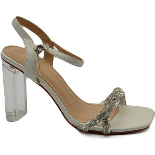 Malu Shoes sandalo donna gioiello bianco con strass tacco trasparente largo 10 cm cerimonia cinturino alla caviglia