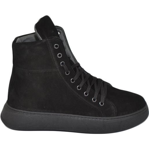 Malu Shoes stivaletto uomo nero scarpa sneakers alta in vera pelle scamosciata tinta unita lacci fondo gomma moda tendenza