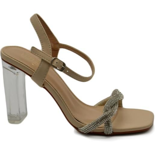 Malu Shoes sandalo donna gioiello nude con strass tacco trasparente largo 10 cm cerimonia cinturino alla caviglia