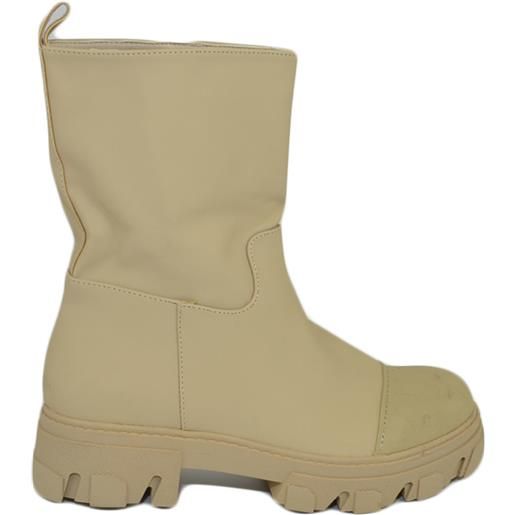 Malu Shoes stivaletto donna combat boots impermeabile beige gommato punta fondo alto carrarmato moda tendenza