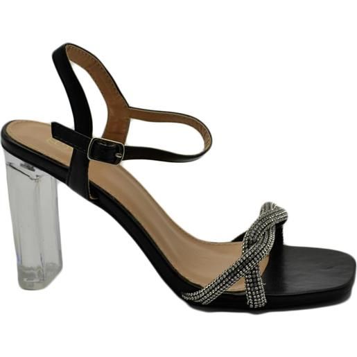 Malu Shoes sandalo donna gioiello nero con strass tacco trasparente largo 10 cm cerimonia cinturino alla caviglia