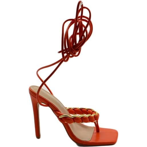 Malu Shoes sandali donna tacco alto a spillo arancione infradito alla schiava con catena oro in ecopelle e lacci alla caviglia moda