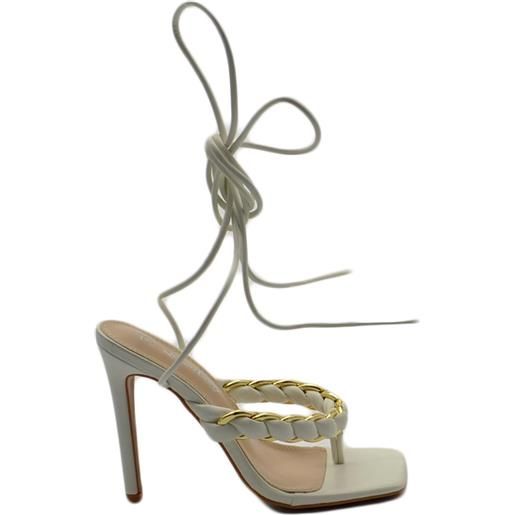Malu Shoes sandali donna tacco alto a spillo bianco infradito alla schiava con catena oro in ecopelle e lacci alla caviglia moda