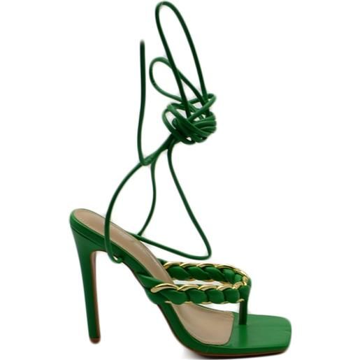 Malu Shoes sandali donna tacco alto a spillo verde infradito alla schiava con catena oro in ecopelle e lacci alla caviglia moda