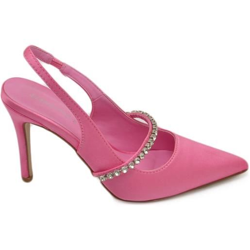 Malu Shoes scarpe decollete mules donna elegante punta in raso rosa candy tacco 10 cerimonia open toe dettaglio strass