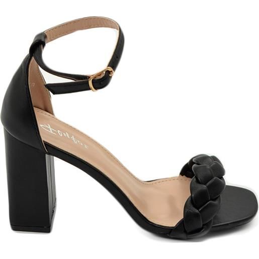 Malu Shoes sandalo donna nero unica fascia treccia con tacco comodo largo 9 cm cinturino alla caviglia cerimonia evento