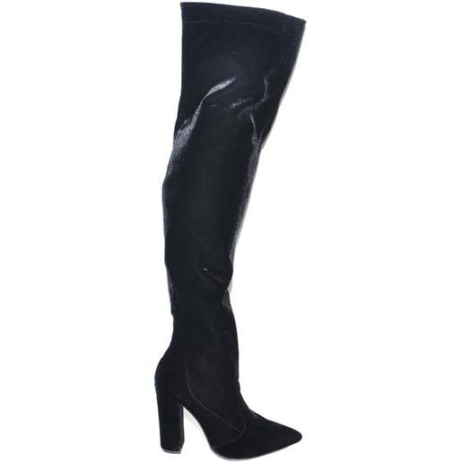 Malu Shoes stivali donna in velluto nero alti sopra il ginocchio a punta lacco largo moda tendenza made in italy