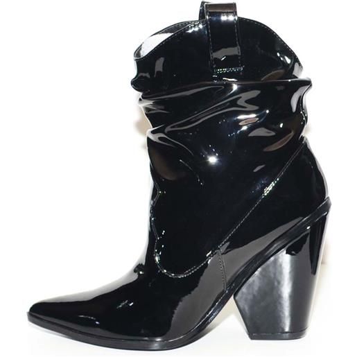 Malu Shoes tronchetto donna camperos lucido nero con tacco cono comodo e rouches alla caviglia moda trend tendenza