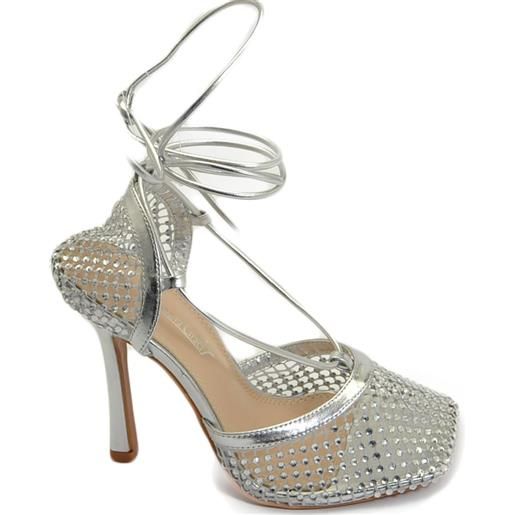 Malu Shoes sandali gioiello argento tacco a spillo 10 donna a rete strass e lacci alla schiava moda punta quadrata comode tendenza