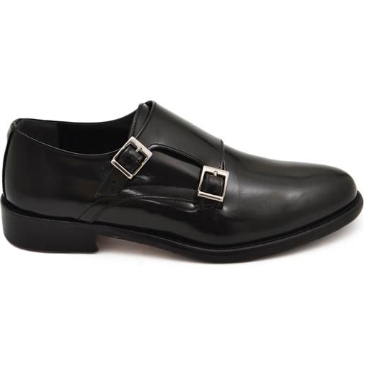 Malu Shoes scarpe uomo classico doppia fibbia in vera pelle nero con fondo in cuoio con piantina antiscivolo moda uomo