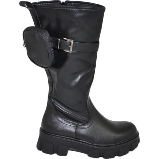 Malu Shoes stivali donna combat boots gomma alta con catena nero zip altezza ginocchio moda comodo