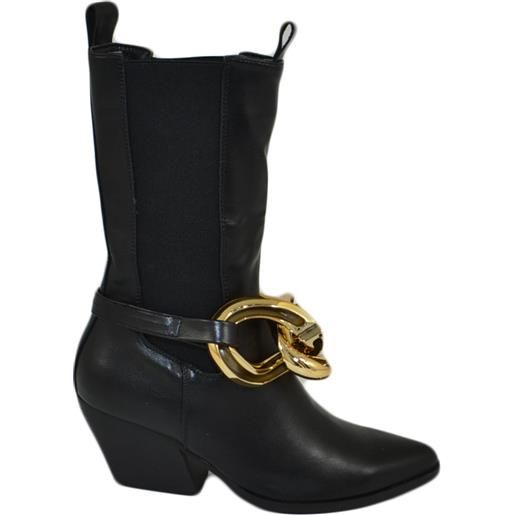 Malu Shoes stivale camperos donna neri texano con tacco western in pelle liscia con elastico e accessorio catena oro meta polpaccio