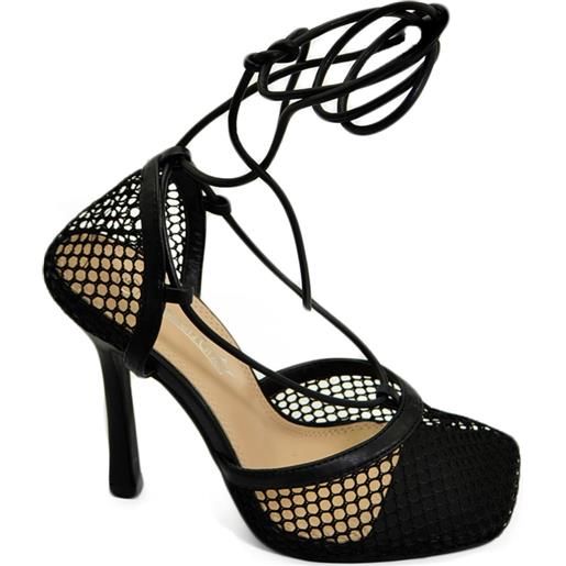 Malu Shoes sandalo nero in pelle a rete donna con tacco a spillo 10 e lacci alla schiava effetto piede nudo moda