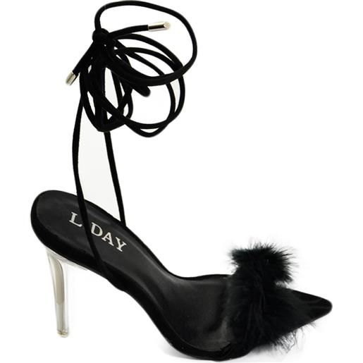 Malu Shoes sandalo tacco nero a punta con piume tacco argento sottile 12 cm lacci alla caviglia moda cerimonia