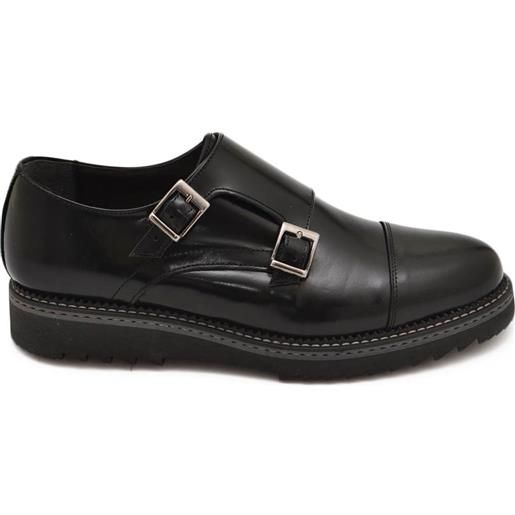 Malu Shoes scarpe uomo doppia fibbia eleganti vera pelle nero con fondo furia grigio e guardolo in tinta handmade in italy