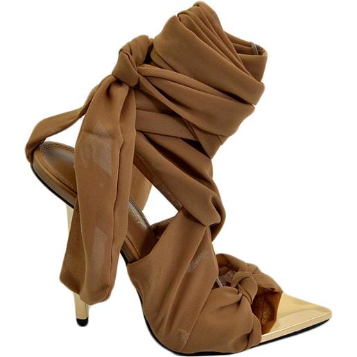 Malu Shoes sandalo tacco taupe a punta con tacco oro sottile 12 cm fasce alla caviglia moda cerimonia