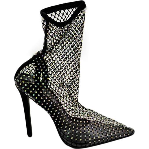 Malu Shoes tronchetti donna punta nero con tacco 12 in maglia traforato con strass trasparente supporto piede moda