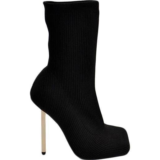 Malu Shoes tronchetti modello calzino nero gambale elasticizzato alla caviglia con tacco sottile oro 12 cm punta quadrata