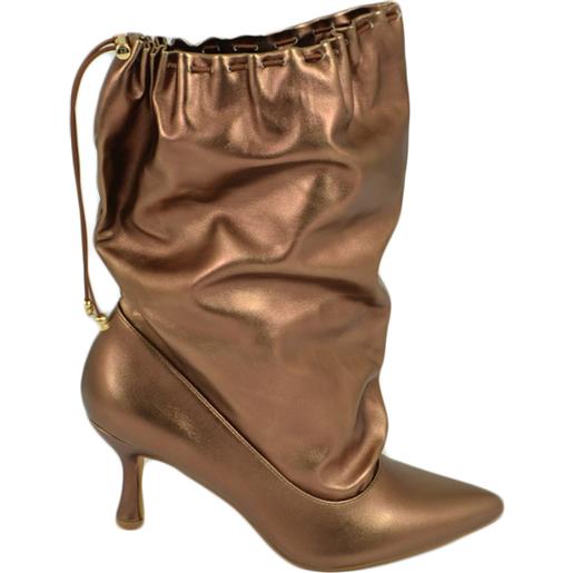Malu Shoes stivali donna tronchetto a punta bronzo satinato in pelle con tacco midi 5 cm a spillo e coulisse moda tendenza