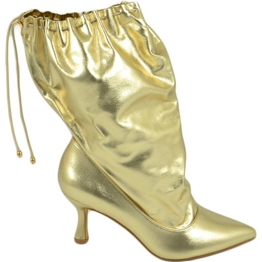 Malu Shoes stivali donna tronchetto a punta oro in pelle con tacco midi 5 cm a spillo e coulisse moda tendenza