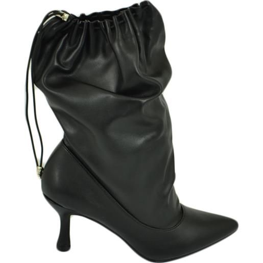 Malu Shoes stivali donna tronchetto a punta nero in pelle con tacco midi 5 cm a spillo e coulisse moda tendenza