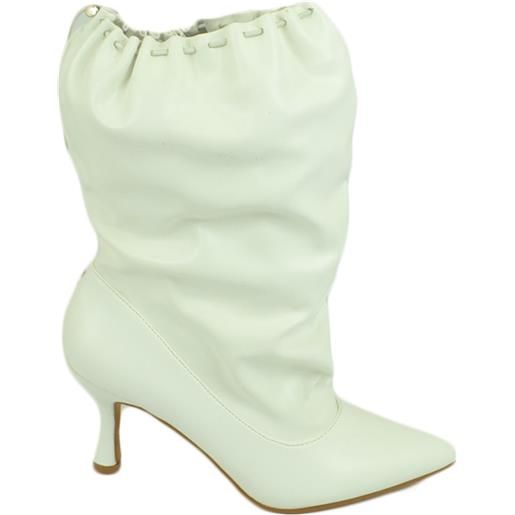Malu Shoes stivali donna tronchetto a punta bianco in pelle con tacco midi 5 cm a spillo e coulisse moda tendenza