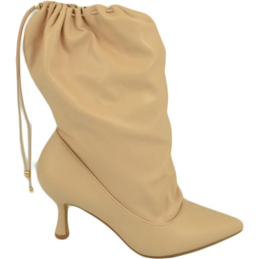 Malu Shoes stivali donna tronchetto a punta beige nude in pelle con tacco midi 5 cm a spillo e coulisse moda tendenza