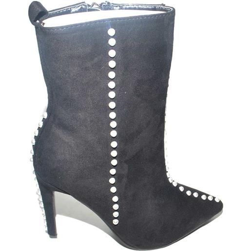 Malu Shoes tronchetto donna in camoscio nero tacco a spillo con perline avorio linea luxury elegant moda tendenza