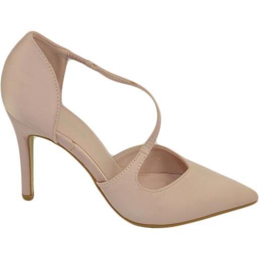 Malu Shoes scarpe decollete donna elegante scollato a punta in raso cipria tacco 10 spillo comodo moda cinturino cerimonia