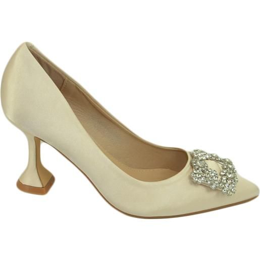 Malu Shoes scarpe decollete donna elegante gioiello luminoso quadrato in punta raso avorio tacco 9 martini moda cinturino cerimonia