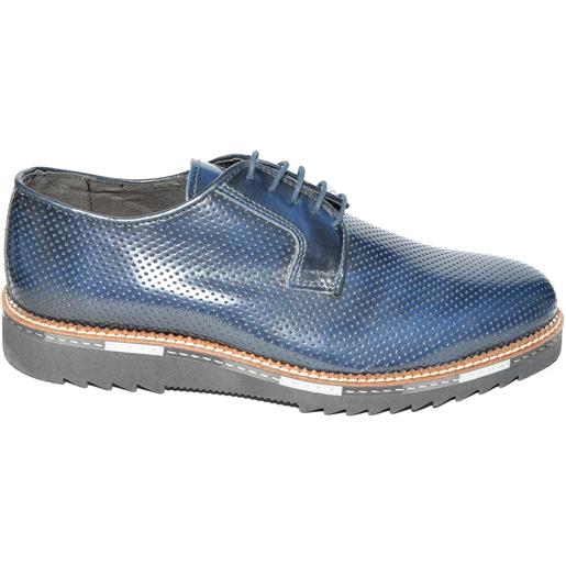 Malu Shoes scarpe uomo fondo cassonetto gomma classico sportivo antiscivolo vera pelle abrasivato blu traforato made in italy