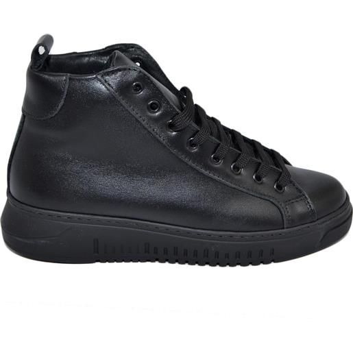 Malu Shoes sneakers uomo alta in vera pelle nera con fondo doppio army nero, lacci a chiusura rapida made in italy