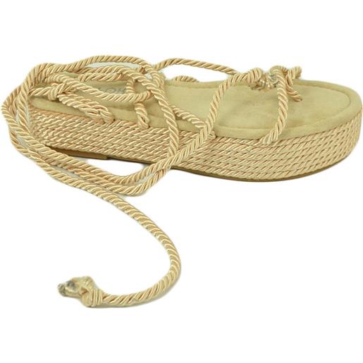Malu Shoes sandali platform donna beige con corda di canapa suola in cordone e gomma moda mykonos alla schiava gladiatore