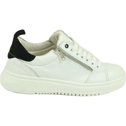 Malu Shoes sneakers uomo bassa bianca zip cerniera in vera pelle stampa cocco e camoscio nero fondo army alto bianco moda giovane
