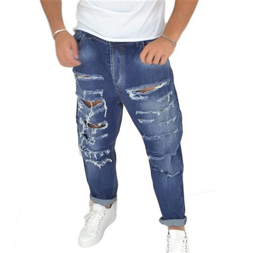 Malu Shoes pantaloni jeans blu scuro denim biker. Skinny fit. Chiusura con bottone e cerniera strappato moda