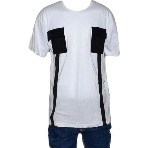Malu Shoes t- shirt basic uomo in cotone bianco slim fit girocollo con cucitura a coste nero e taschini made in italy