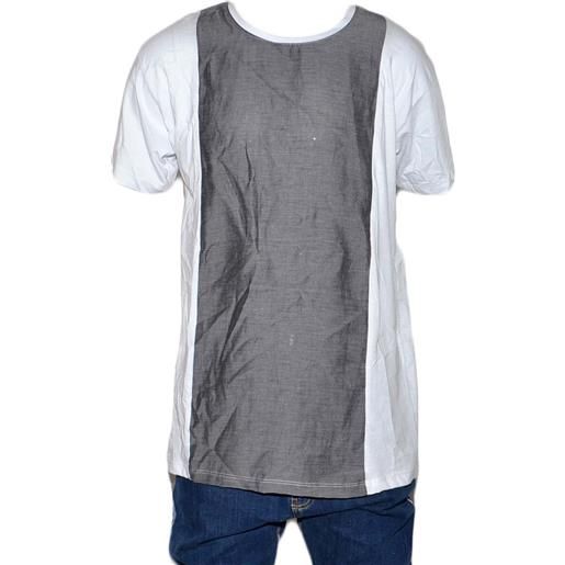 Malu Shoes t- shirt basic uomo cotone bianco modello over con inserti in lino grigio sul petto girocollo made in italy