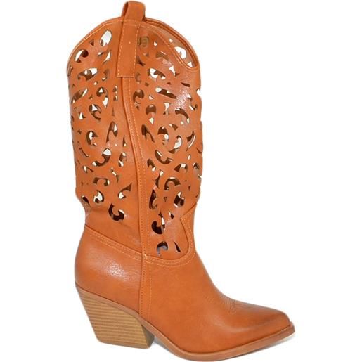Malu Shoes stivali donna camperos texani stile western cuoio con gambale traforato fantasia laser tacco altezza polpaccio