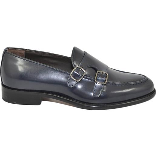 Malu Shoes scarpe uomo mocassino con fibbia doppia blu in vera pelle abrasivata slip on business linea dandy made in italy