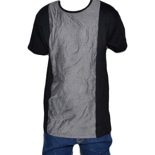 Malu Shoes t- shirt basic uomo cotone nero modello over con inserti in tessuto grigio sul petto girocollo made in italy moda