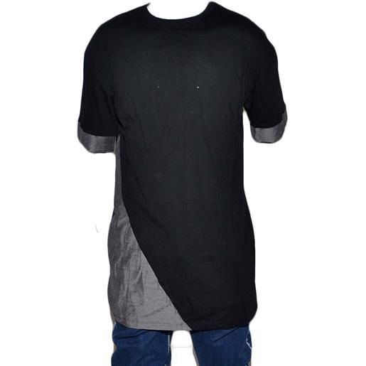 Malu Shoes t- shirt basic uomo cotone nero modello over con inserti in tessuto grigio su maniche e petto girocollo made in italy