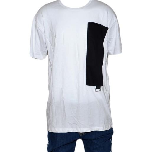 Malu Shoes t- shirt basic uomo in cotone bianco slim fit girocollo con cucitura a coste nero e taschino made in italy estate