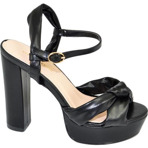 Malu Shoes scarpe sandalo donna nero platform punta quadrata tacco largo alto con fiocco e cinturino alla caviglia estate moda