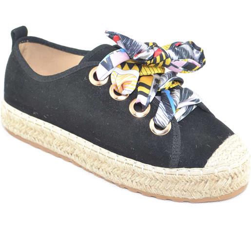 Malu Shoes sneakers bassa nero donna in tessuto arricchita con lacci colorati fondo in simil paglia comfort linea basic trendy