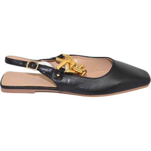 Malu Shoes scarpe donna mules ballerine mocassino raso terra tallone scoperto nere con catena oro e cinturino retro moda luxury
