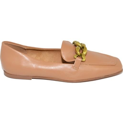 Malu Shoes mocassini donna college cuoio con catena oro raso terra con antiscivolo punta quadrata moda tendenza