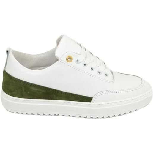 Malu Shoes scarpe sneakers bassa uomo vera pelle bianco con occhiello oro liscia basic fondo zigrinato fascia verde made in italy