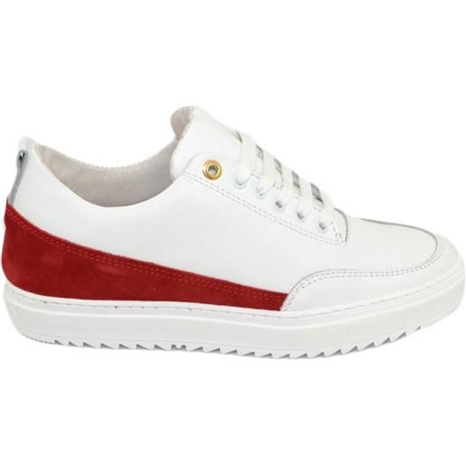 Malu Shoes scarpe sneakers bassa uomo vera pelle bianco con occhiello oro liscia basic fondo zigrinato fascia rosso made in italy